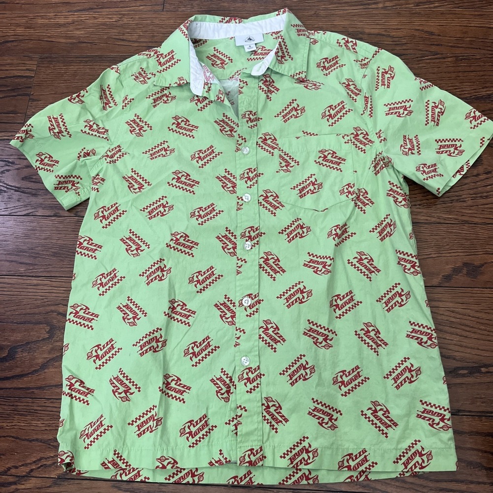 Disney Parks Pixar Toy Story Pizza Planet Button Down Shirt Mens S Green